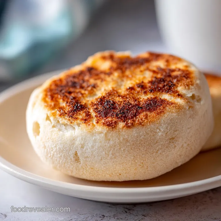 Two halves of a freshly baked English muffin, warm and slightly crisp, showcasing a fluffy interior.