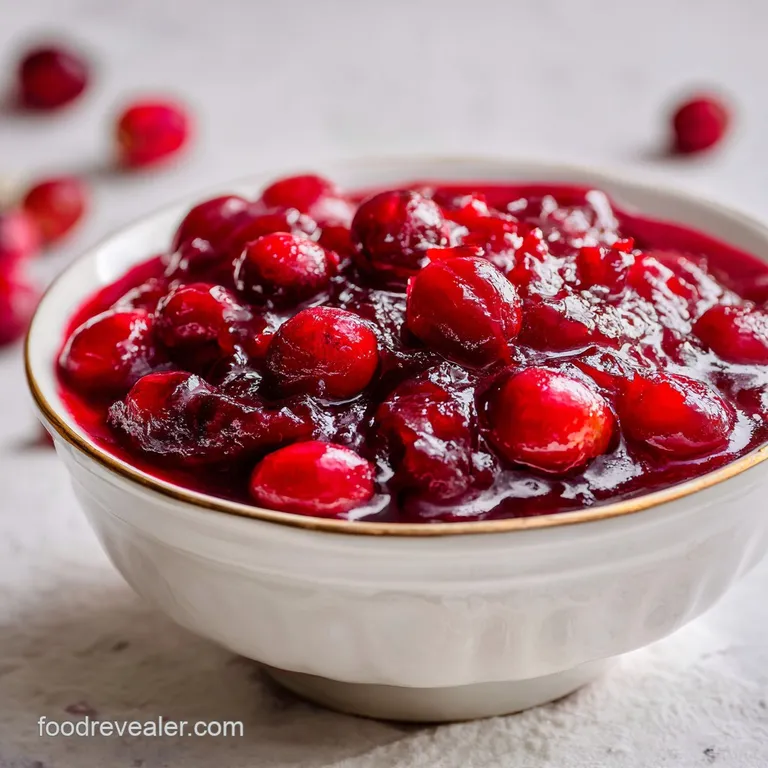 A deep ruby-red cranberry sauce mounded elegantly in a ceramic bowl, garnished with bright orange zest.