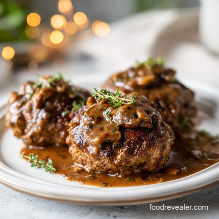 A perfectly round Salisbury steak topped with a dollop of creamy gravy, served with fluffy mashed potatoes.