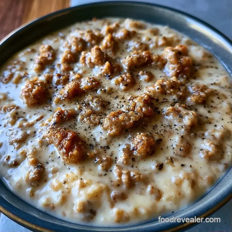 A rustic cast iron skillet filled with thick, ivory-colored gravy and savory meat, topped with a sprinkle of parsley.