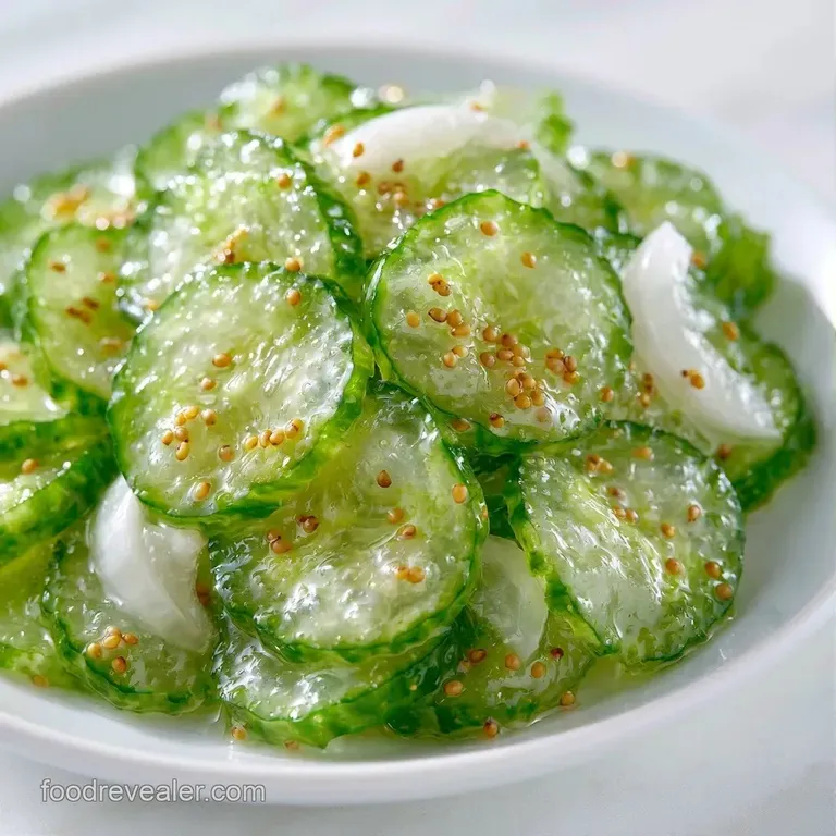 Slices of translucent green cucumbers arranged neatly on a white ceramic plate with a sprinkle of fresh herbs.