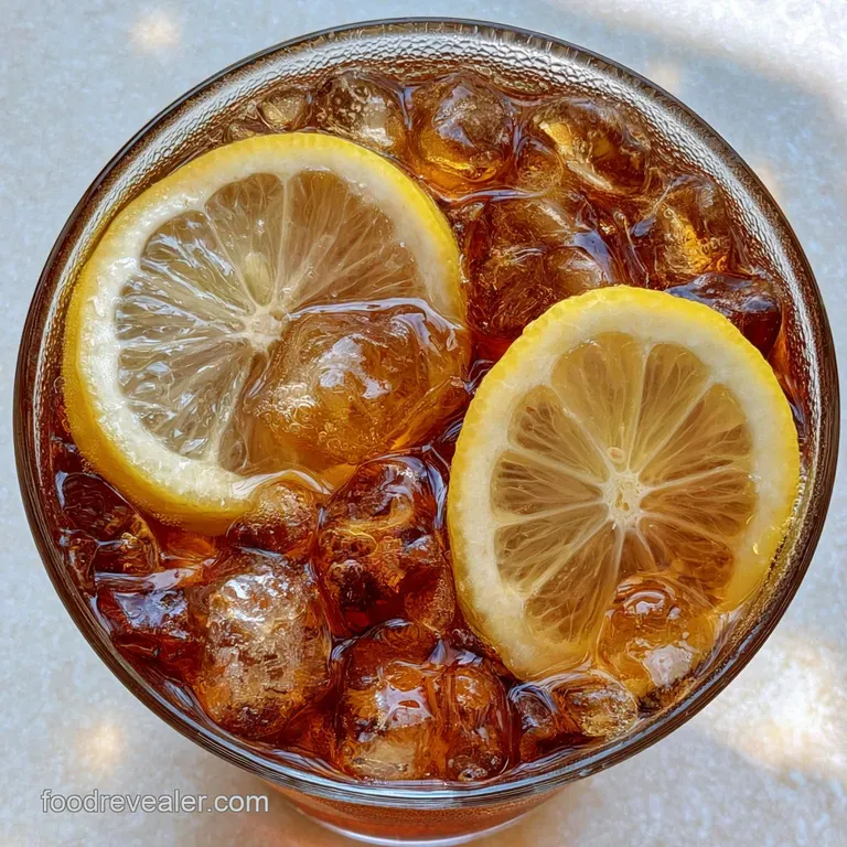 Amber tea in a condensation-covered glass on a wooden tray, garnished with fresh mint and a yellow lemon slice.