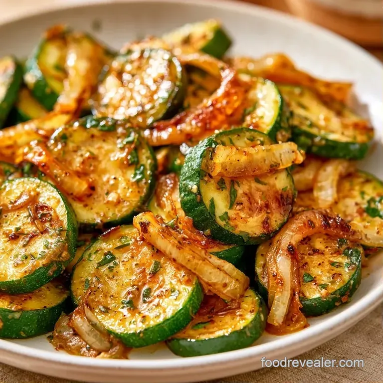 Neatly stacked green zucchini rounds with a glistening amber glaze and fresh sliced scallions on a ceramic dish.