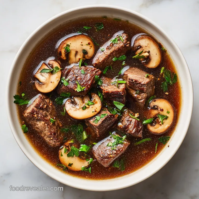 Elegant white bowl of creamy brown soup featuring seared beef cubes, sliced mushrooms, and a swirl of fresh cream.