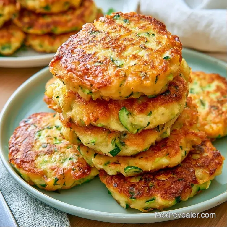 A neat stack of pan-fried vegetable patties garnished with sesame seeds and scallions on a white stoneware plate.