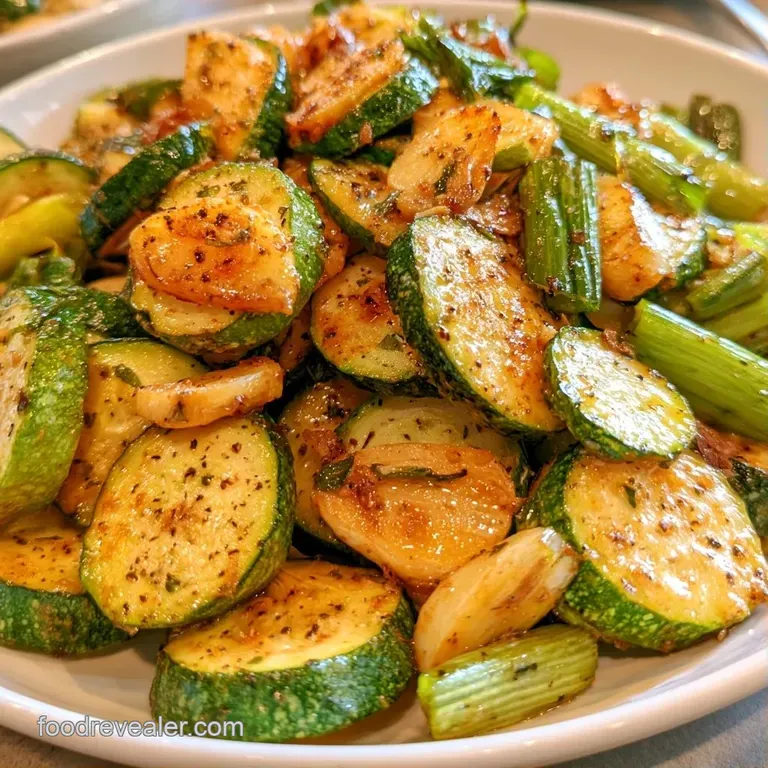 Vibrant green vegetable slices neatly arranged in a ceramic bowl, garnished with toasted seeds and red pepper flakes.