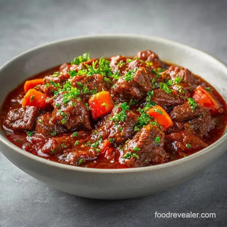 A rustic ceramic bowl of thick red stew topped with a dollop of cool white cream and sliced green onions.
