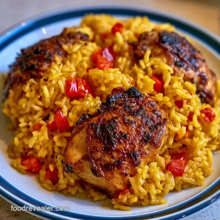 A plated serving of golden rice and tender chicken topped with a bright lemon wedge and fresh parsley sprig.