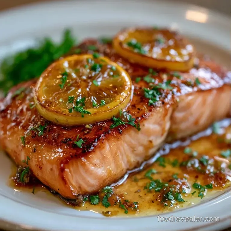 Perfectly cooked pink salmon fillet plated with vibrant green asparagus and a drizzle of lemon-butter sauce.