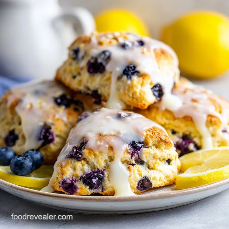 A lemon blueberry scone sits on a delicate plate. Buttermilk glaze glistens and fresh blueberries add pops of juicy color.