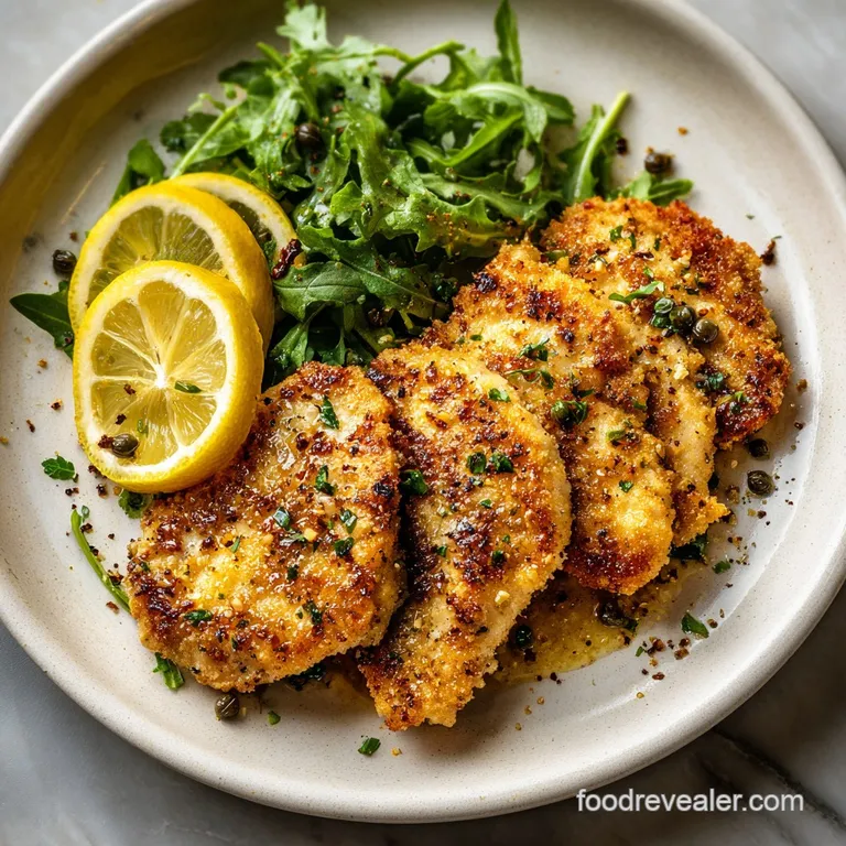 Lemon chicken piccata plated beautifully, glistening with sauce. Parsley garnish adds a pop of green against the creamy pa...