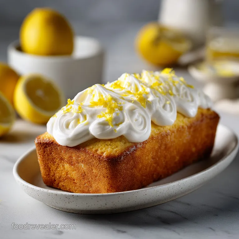 A thin slice of pale yellow cake on a white ceramic plate, garnished with a mint leaf and a fresh lemon wheel.