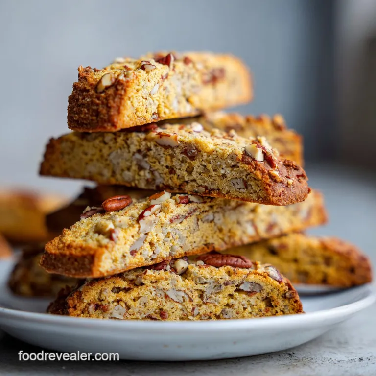 Elegant biscotti display. Golden maple-glazed biscuits with pecan pieces artfully arranged on a linen-draped plate, ready ...