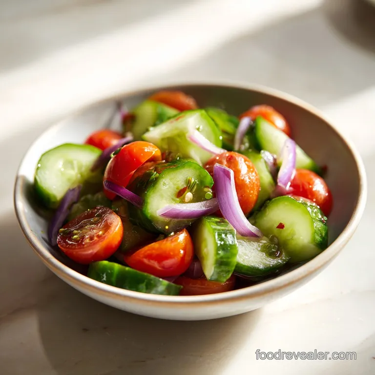 Colorful chunks of red tomato and crisp cucumber in a white bowl, garnished with fresh herbs and a lemon wedge.