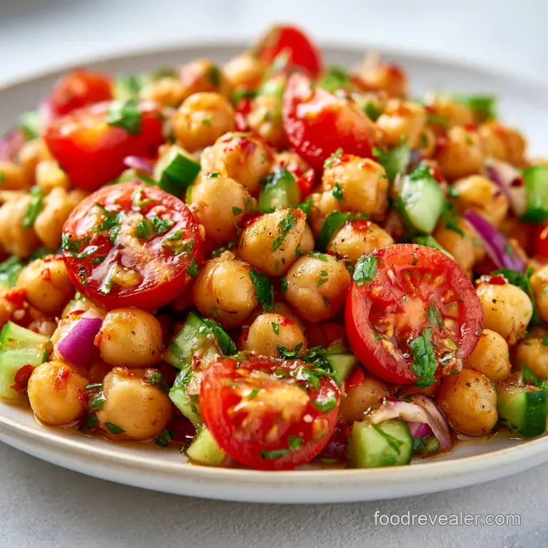 Colorful mixture of chickpeas and crisp vegetables served on a white ceramic plate with a fresh lemon wedge on side.