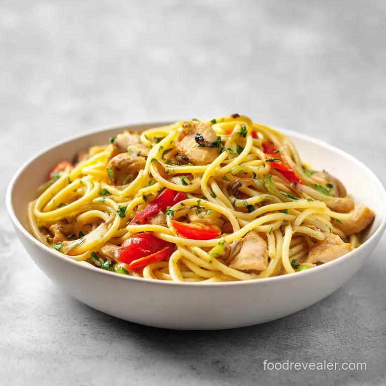 A perfectly portioned swirl of chicken spaghetti, adorned with fresh parsley, served on a white plate.