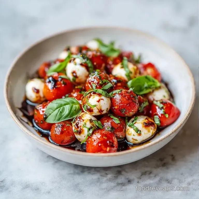 Vibrant red tomatoes and white mozzarella pearls arranged on a slate board, finished with a dark balsamic drizzle.