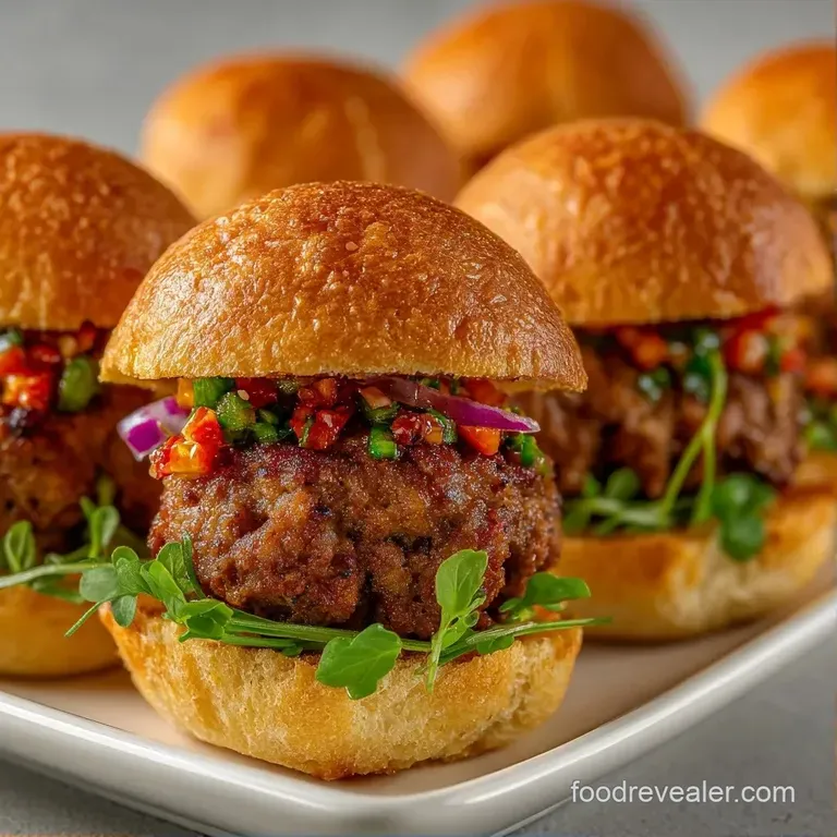 Three petite burgers lined up on a slate board with a side of golden fries and a small bowl of red dipping sauce.