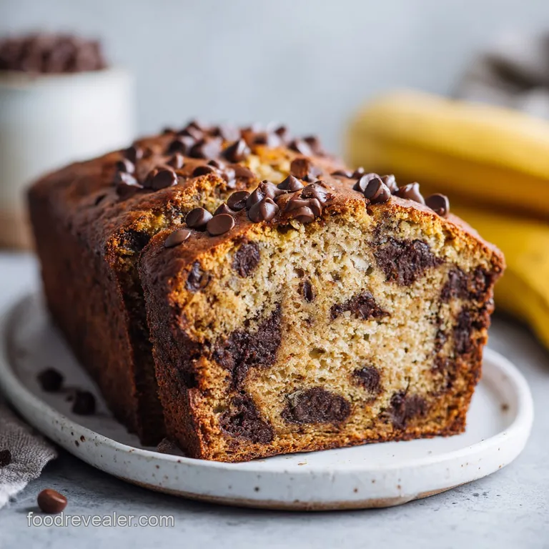 A rustic loaf of banana bread, sliced and presented on a wooden board with a dusting of powdered sugar.