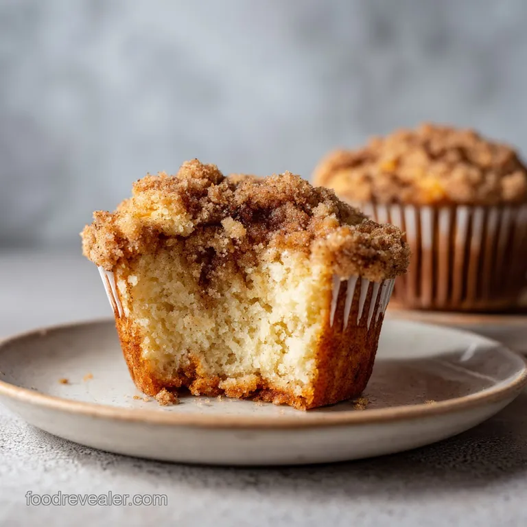 Coffee cake muffin on a white plate, crumbly streusel topping catching the light, with a cup of steaming coffee beside it.