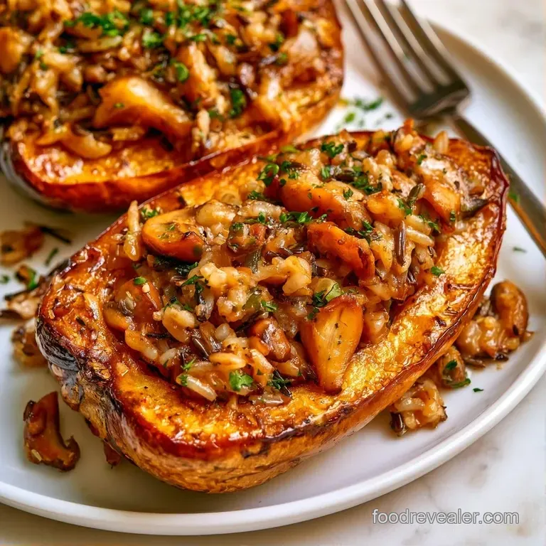 Four halves of roasted orange squash filled with savory mushrooms, arranged on a platter with fresh microgreens.