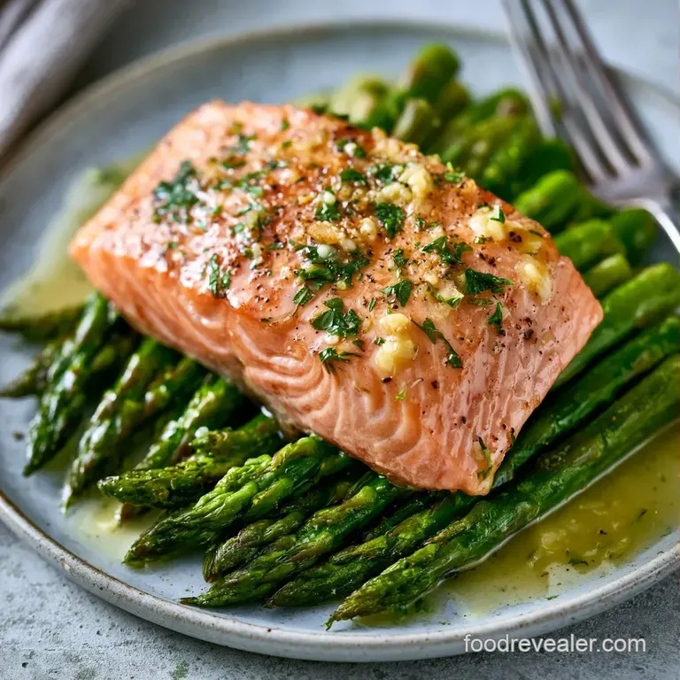 Flaky pink salmon fillet topped with melted butter and lemon, served on a white plate with bright green asparagus.