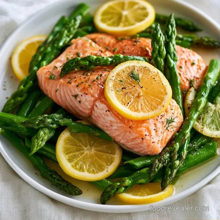 Tender pink salmon fillet served on a ceramic plate with steamed asparagus and a drizzle of lemon butter sauce.