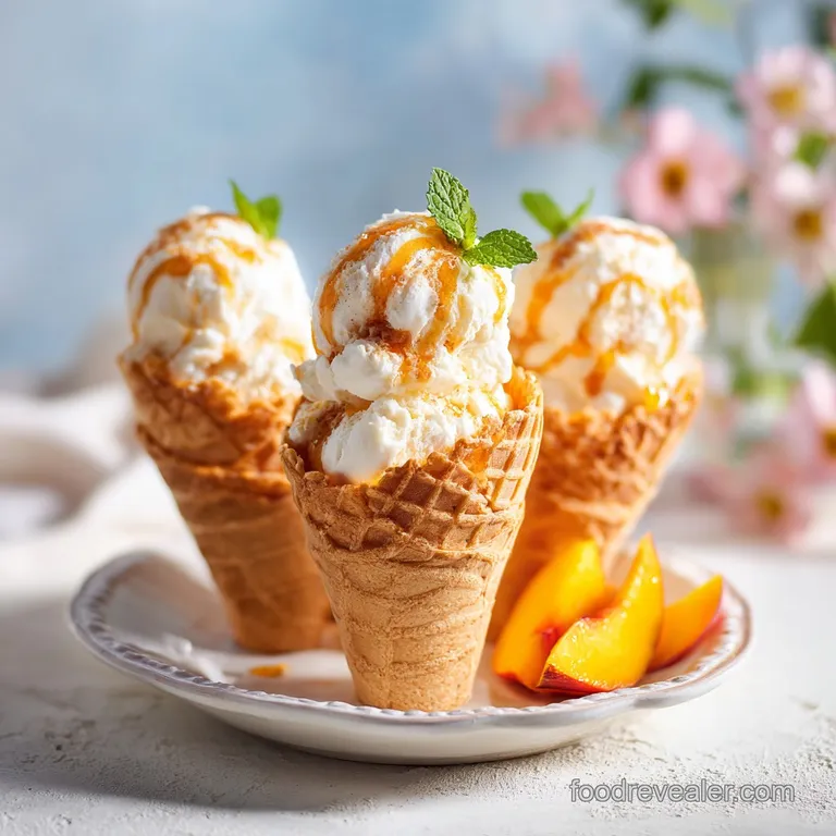Individual peach cobbler cone on a rustic plate. Warm, bubbly peach filling contrasts with the cool, melting vanilla ice c...