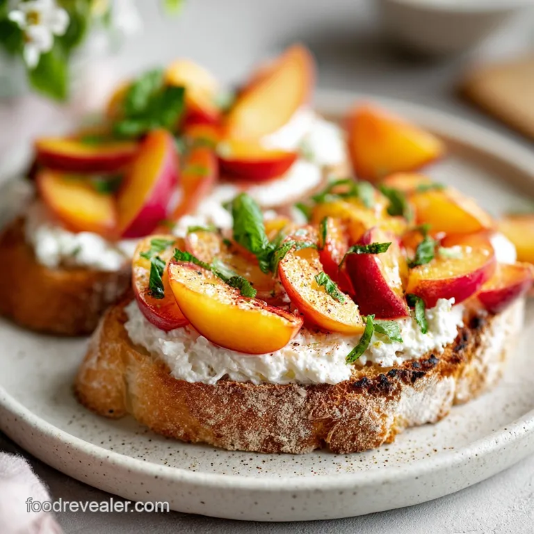 Elegant appetizer: Toasted bread piled high with fresh ricotta, vibrant peach wedges, and a glistening honey drizzle on a ...