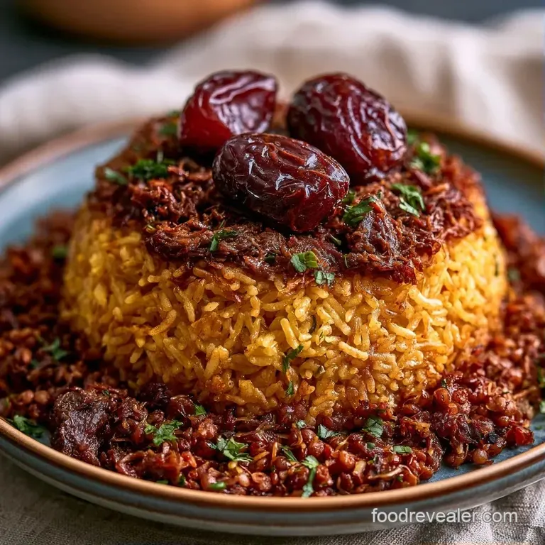 A heap of aromatic golden rice and tender brown lentils served in a ceramic bowl with fresh herb garnishes.