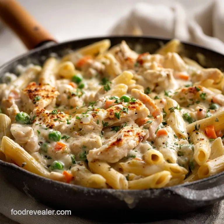 A single serving of pot pie pasta, crust crisp & browned, beside a fork implying a comforting, warm bite.
