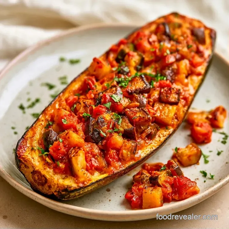 Two roasted zucchini halves filled with chunky tomato and eggplant, plated on a white ceramic dish with basil.