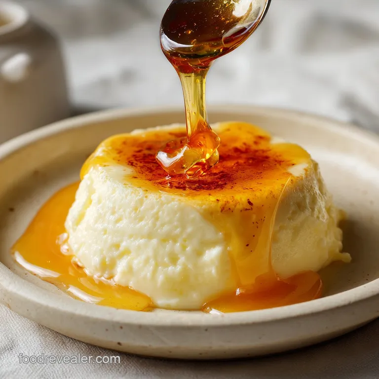 Whipped ricotta dip drizzled with amber hot honey and herbs on a white plate. Wooden serving knife resting near the dip.