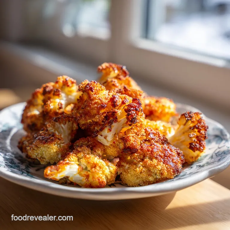 Crisp-edged roasted cauliflower served elegantly on a white plate, showcasing its nutty, toasted texture.