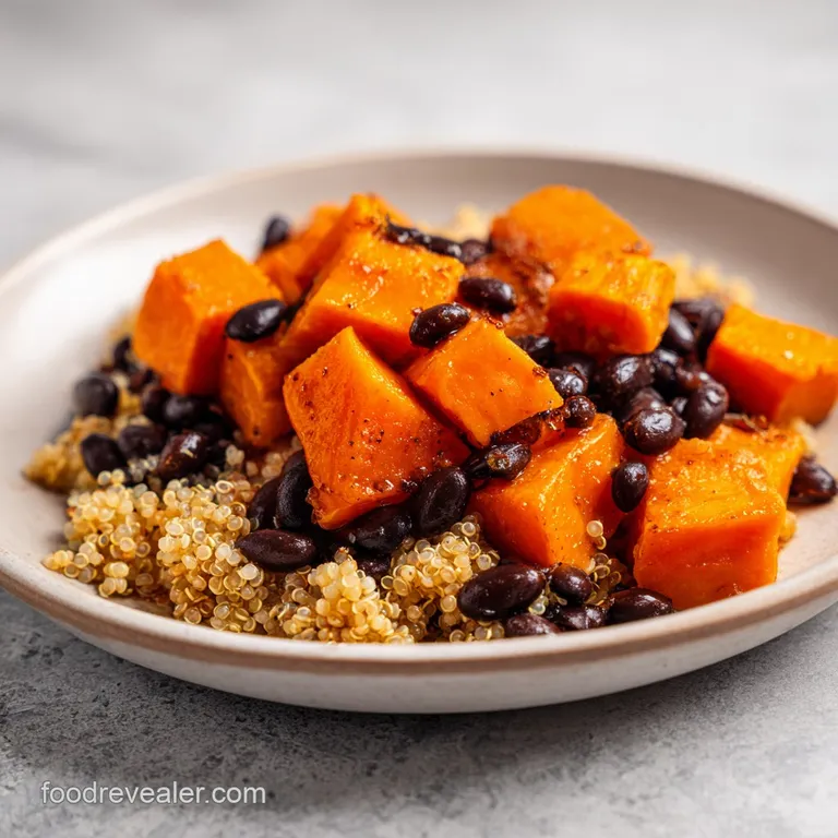 A vibrant salad of roasted orange vegetables and pale quinoa topped with toasted nuts on a matte white plate