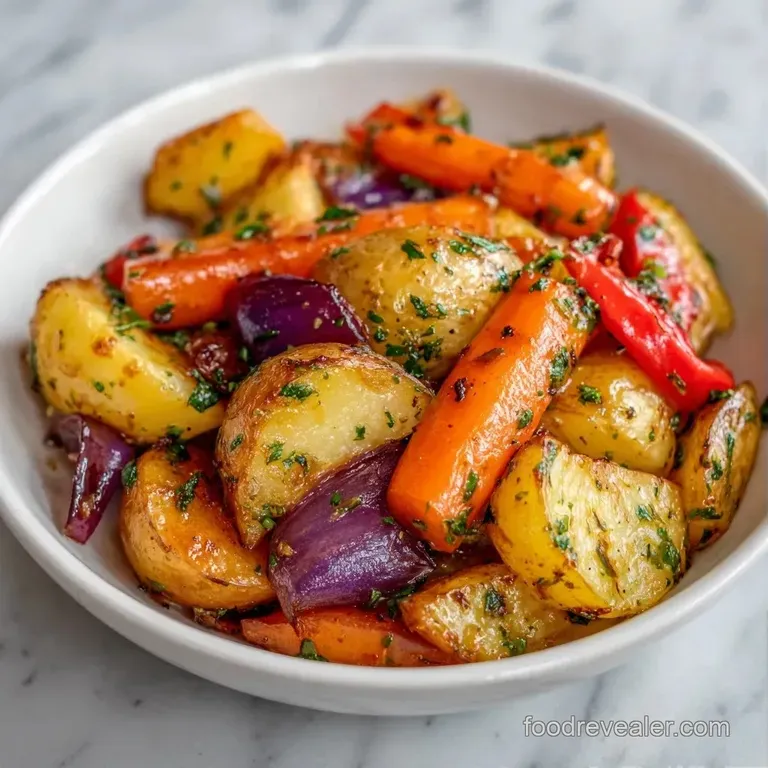A mountain of caramelized carrots and purple onions on a ceramic platter, topped with fresh green herb sprigs.