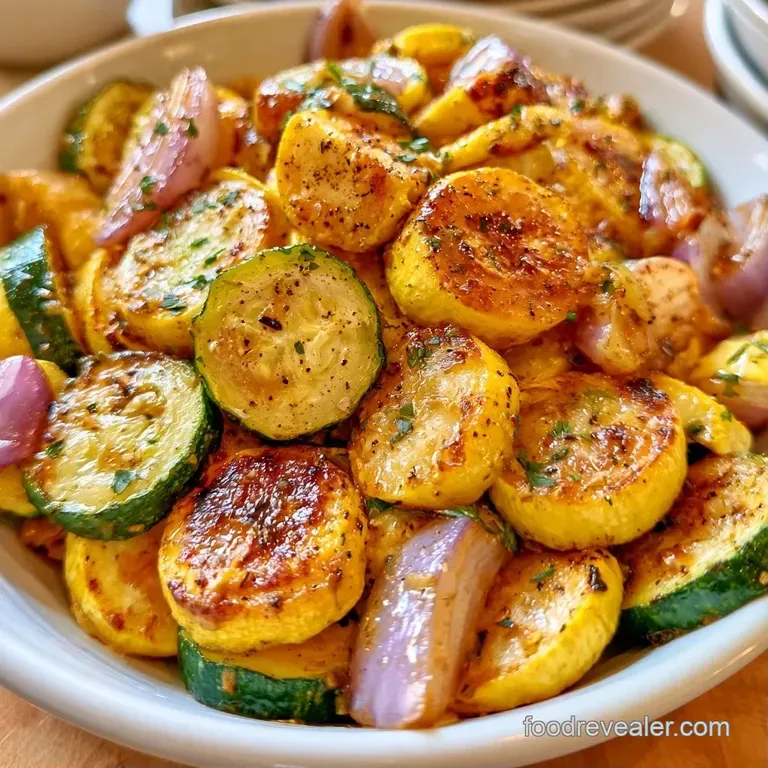Sliced yellow and green squash arranged in a neat pile, garnished with cracked black pepper and olive oil drizzle.