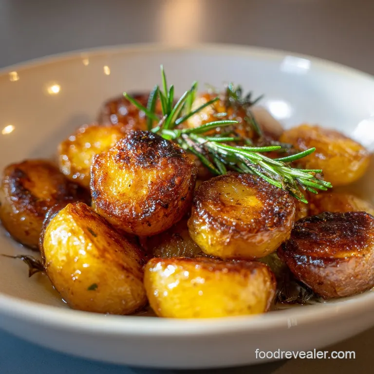 Perfectly browned roasted potatoes are artfully arranged on a white plate, rosemary sprigs adding color, steam subtly rising.