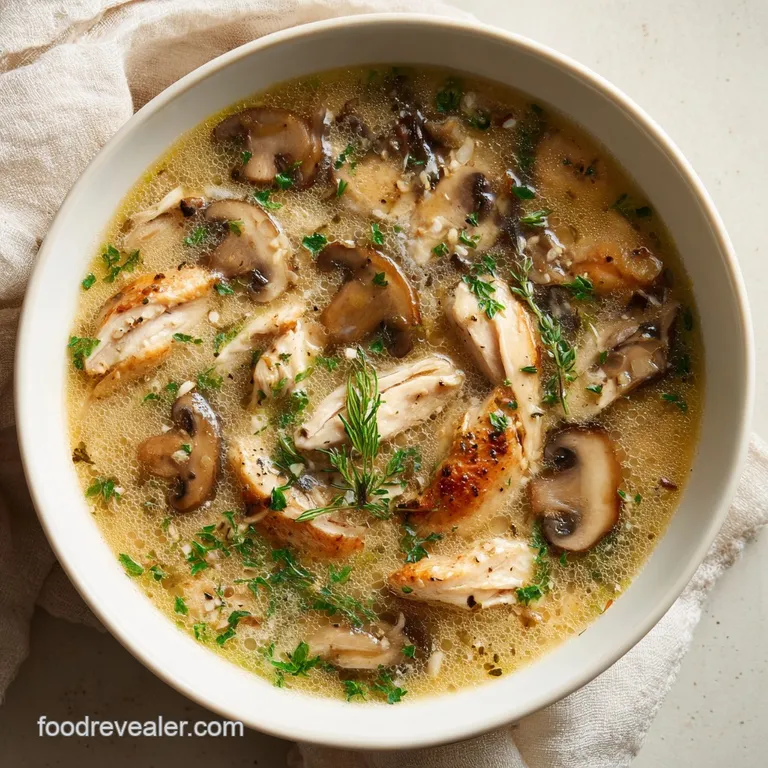 Elegant bowl of rotisserie chicken soup garnished with fresh parsley, steam rising, beside a crusty bread slice.