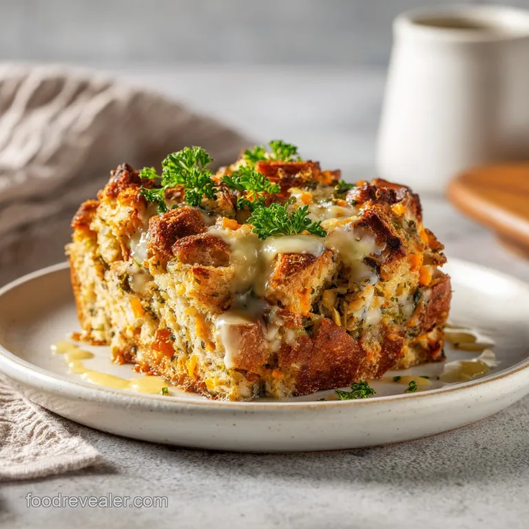 A creamy, single portion of chicken stuffing casserole with a light, airy texture and garnished with fresh parsley on a cl...