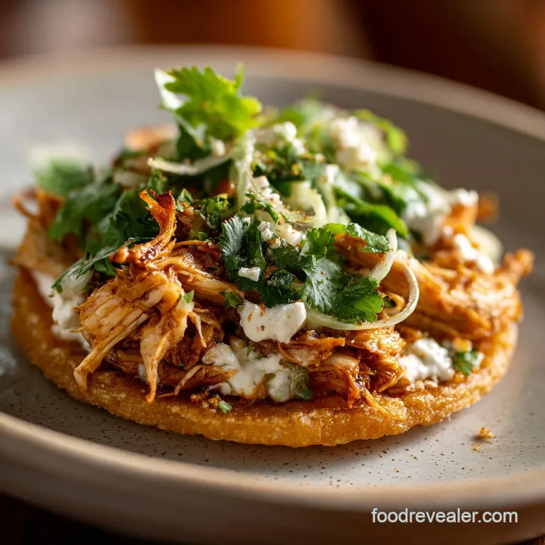 Tostada elegantly plated; showcasing layers of juicy chicken, creamy avocado, and a drizzle of tangy crema.