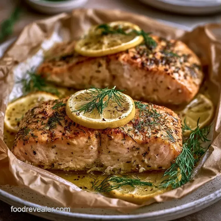 Open parchment paper revealing a moist salmon fillet nestled among colorful sliced carrots and bright fresh herbs.