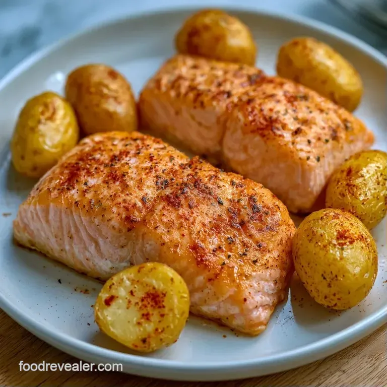 Flaky pink fish fillet perched on a bed of herb-roasted gold potatoes, garnished with a bright yellow lemon slice.