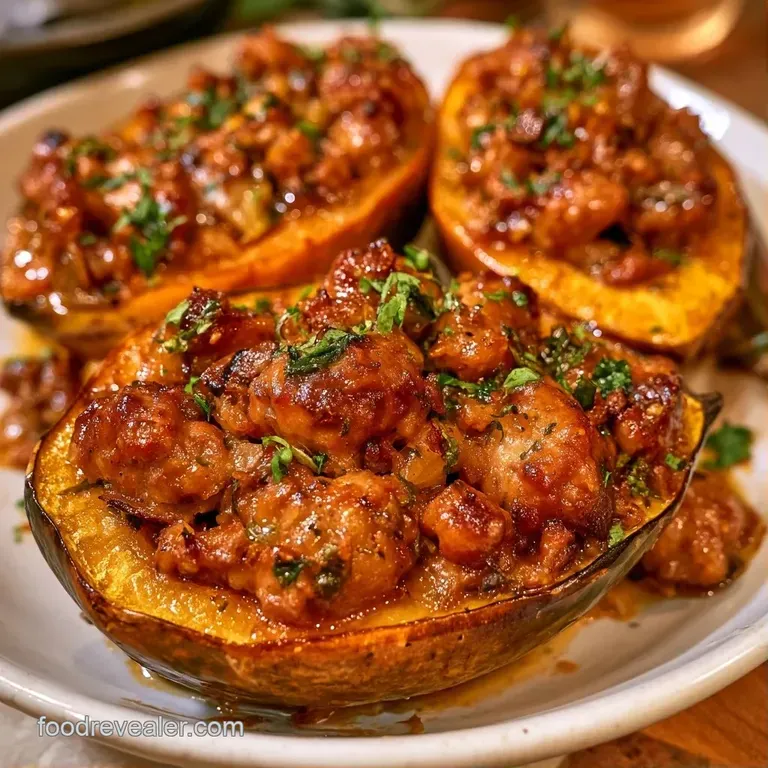 Two roasted squash halves filled with savory browned meat, resting on a dark platter with a side of wilted kale.