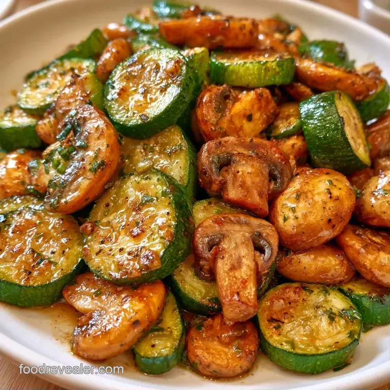 Tender green zucchini slices and earthy browned mushrooms arranged neatly on a white porcelain dinner plate.