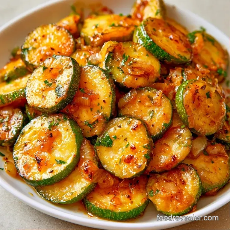 Bright green zucchini slices and translucent onions piled high on a white ceramic plate with fresh parsley.