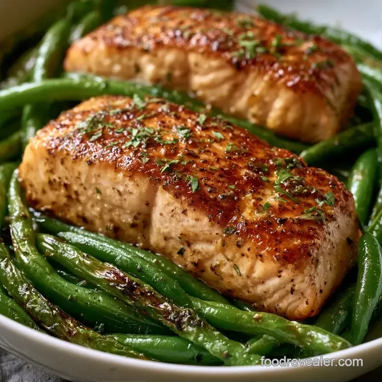 A seared pink salmon fillet resting atop a neat pile of bright green beans, garnished with a fresh lemon slice.
