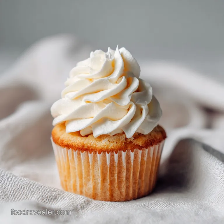 A single vanilla cupcake with tall, soft frosting elegantly piped, sits on a delicate plate, dusted with powdered sugar.