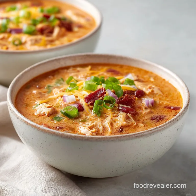 A rustic bowl overflowing with thick chicken chili, garnished with a dollop of sour cream and a sprinkle of chives.