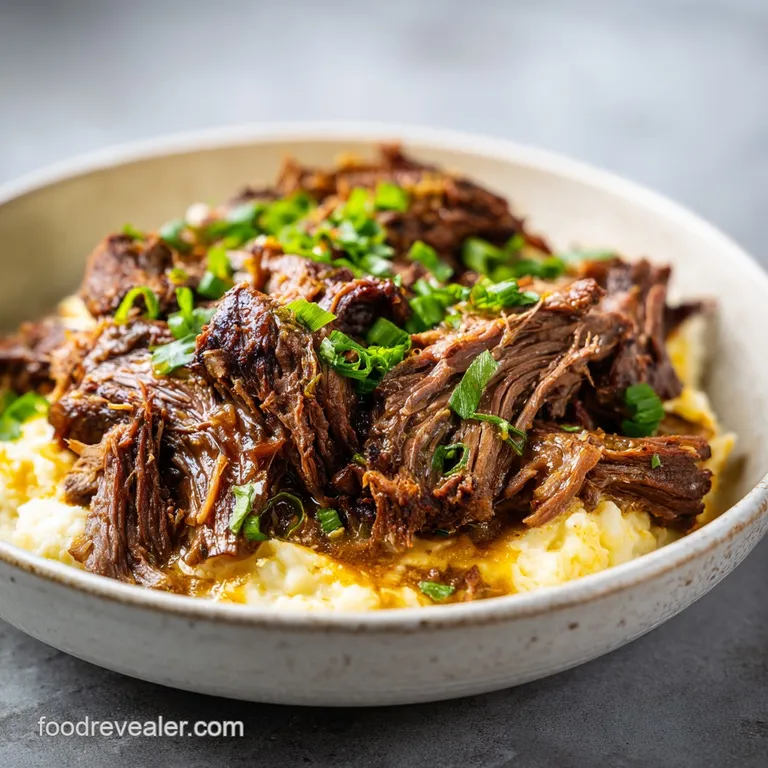 Tender pot roast piled high on a plate, glistening with savory juices. Carrots and peppers give a rustic feel. Fresh herbs...